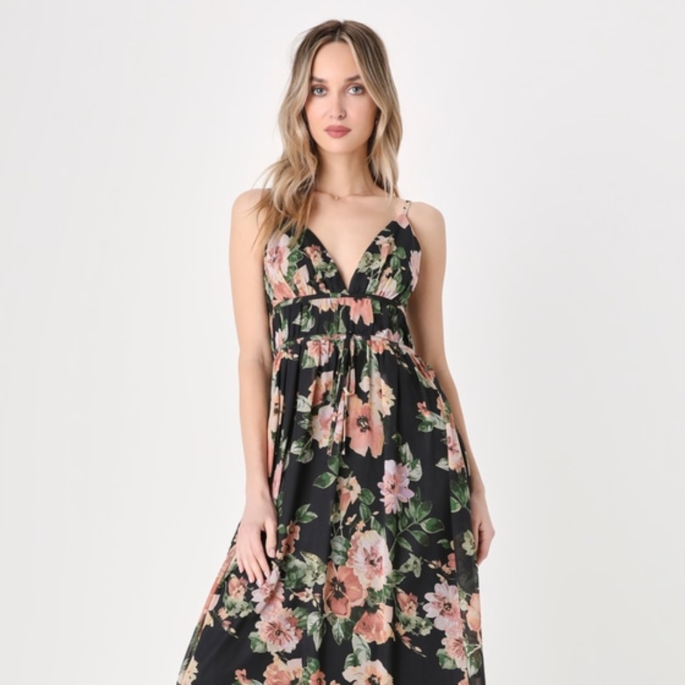 Lulus Gorgeous Moments Black Floral Print Sleeveless Maxi Dress - Size S